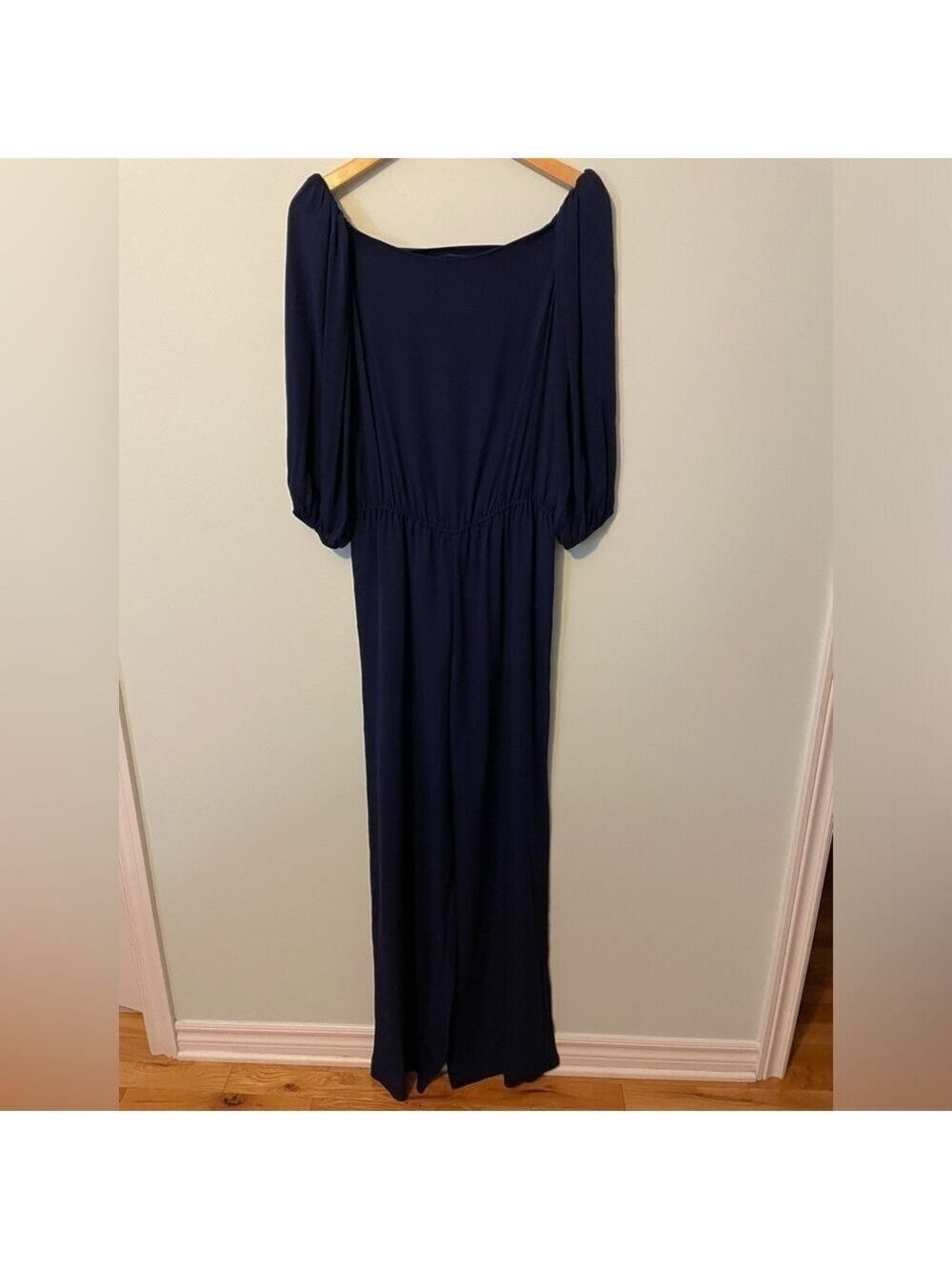 Theory Off Shoulder 100% Silk Navy Jumpsuit Small - Picture 6 of 13
